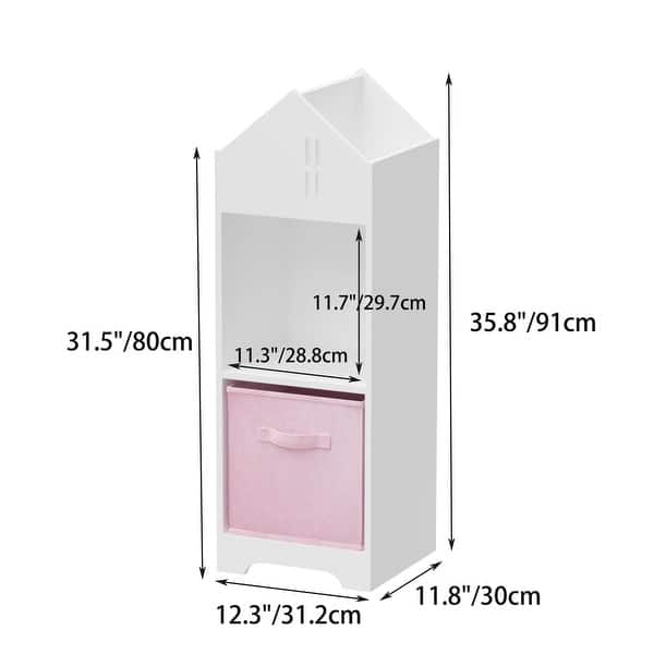 Kids Dollhouse Bookcase with Storage, 2-Tier Storage Display Organizer, Toddler Bookshelf with Collapsible Fabric Drawers