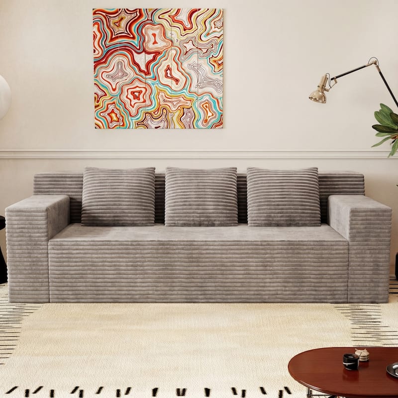 71" Corduroy Fabric 3-Seater Sectional Sofa, No Assembly Required - Camel