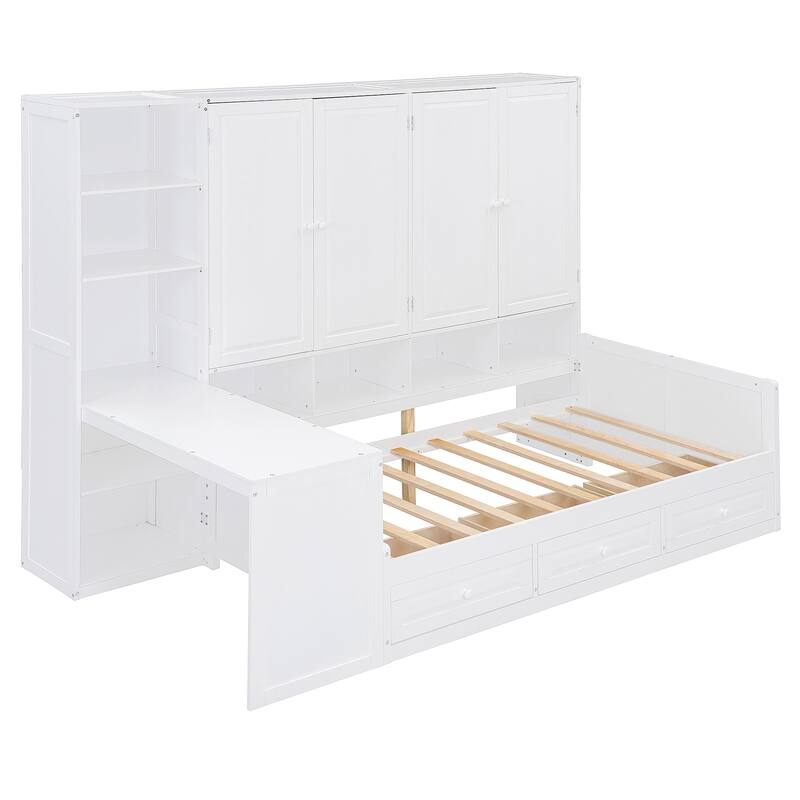 Daybed with Storage Drawers, Built-In Desk, Cabinets, and Shelves, Space-Saving Design