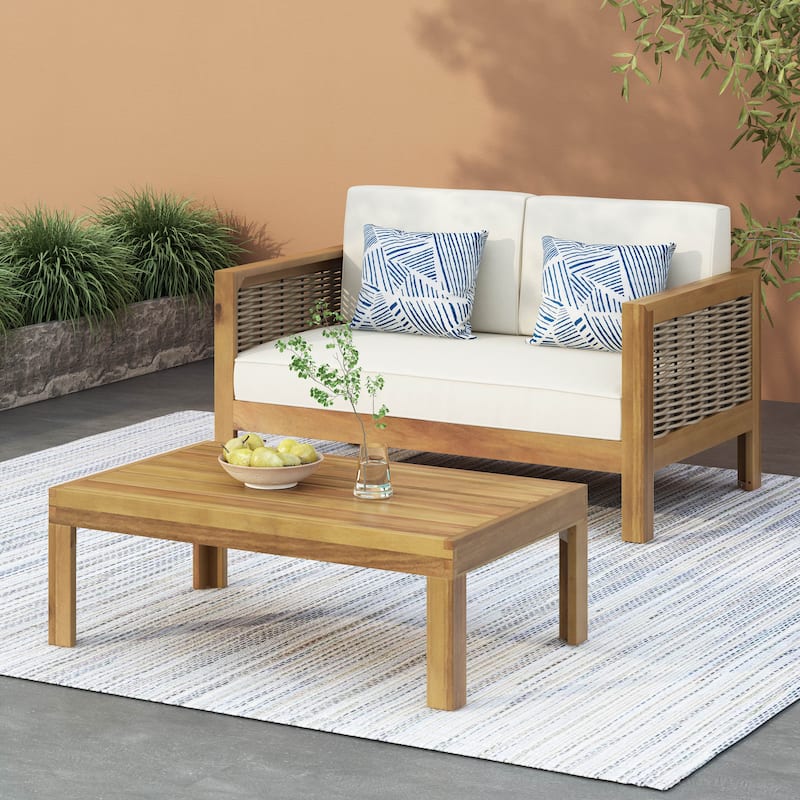 Roomfitters Acacia Wood and Wicker Loveseat Patio Set with Cushions and Coffee Table, Teak Beige