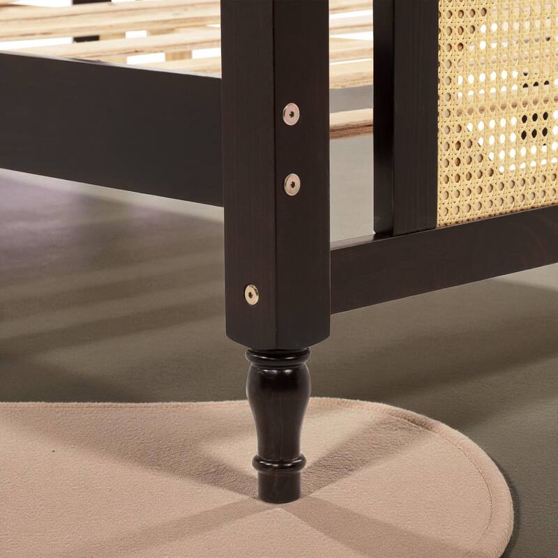 Queen/King Size Pine Wood Bed with Rattan Headboard and Footboard, Solid Frame with Central Support and Under-Bed Storage