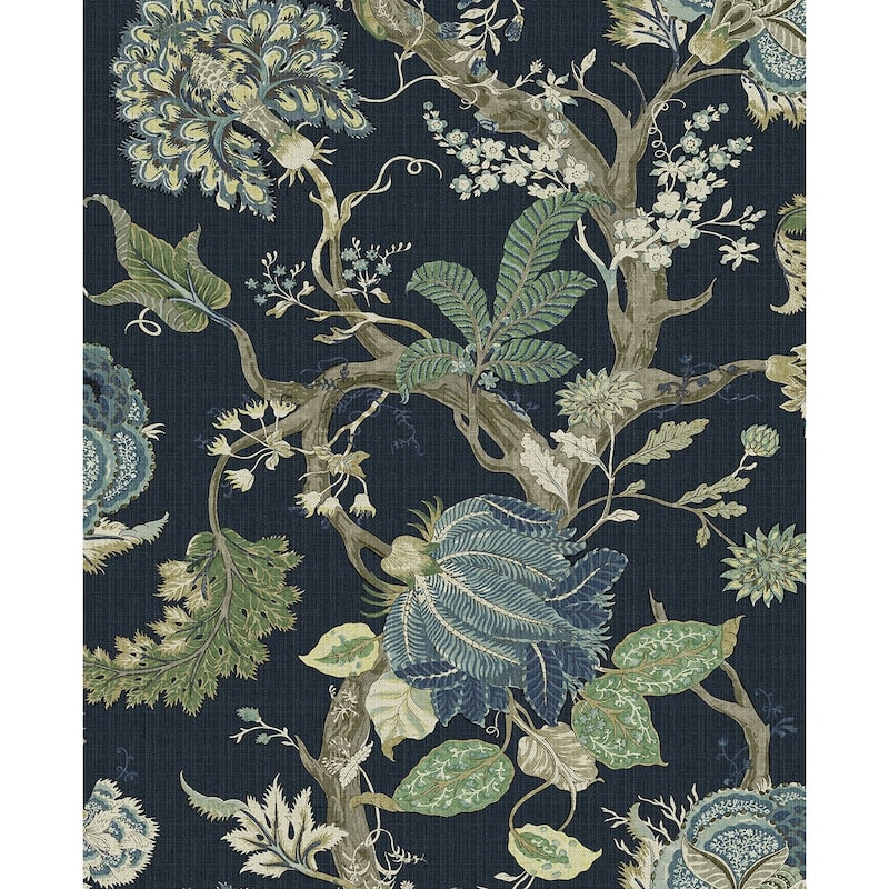 Harry & Grace Jacobean Trail Premium Matte Non-Woven Peel and Stick Wallpaper - 20.5 in. W x 18 ft. L - Midnight Blue & Greenery