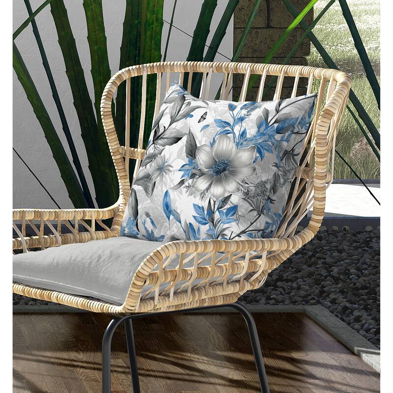 Exquisite Floral Breeze Indoor/Outdoor Reversible Throw Pillow Blue and Grey