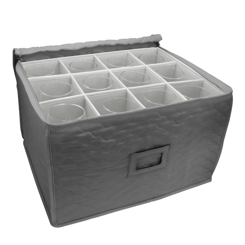 Stemware Wine Glass Storage Chest - Deluxe Quilted Microfiber Holds 12 Glasses (Beige / Gray)
