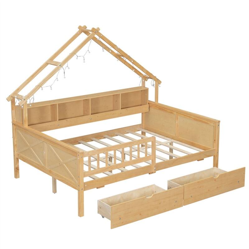 Wooden House Platform Bed with LED Light and 2 Storage Drawers, Full Size Daybed Sofa Bedframe with Storage Shelves & Guardrail