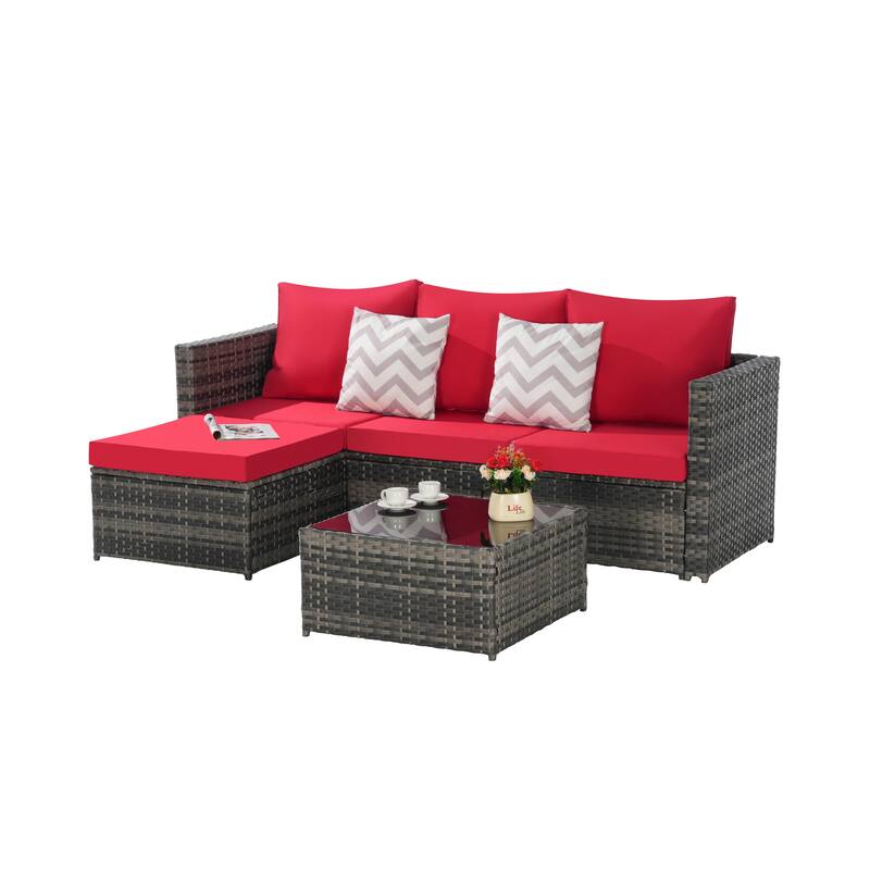 2-Pieces Outdoor Patio L-Shaped Sectional Sofa Set with Glass Coffee Table