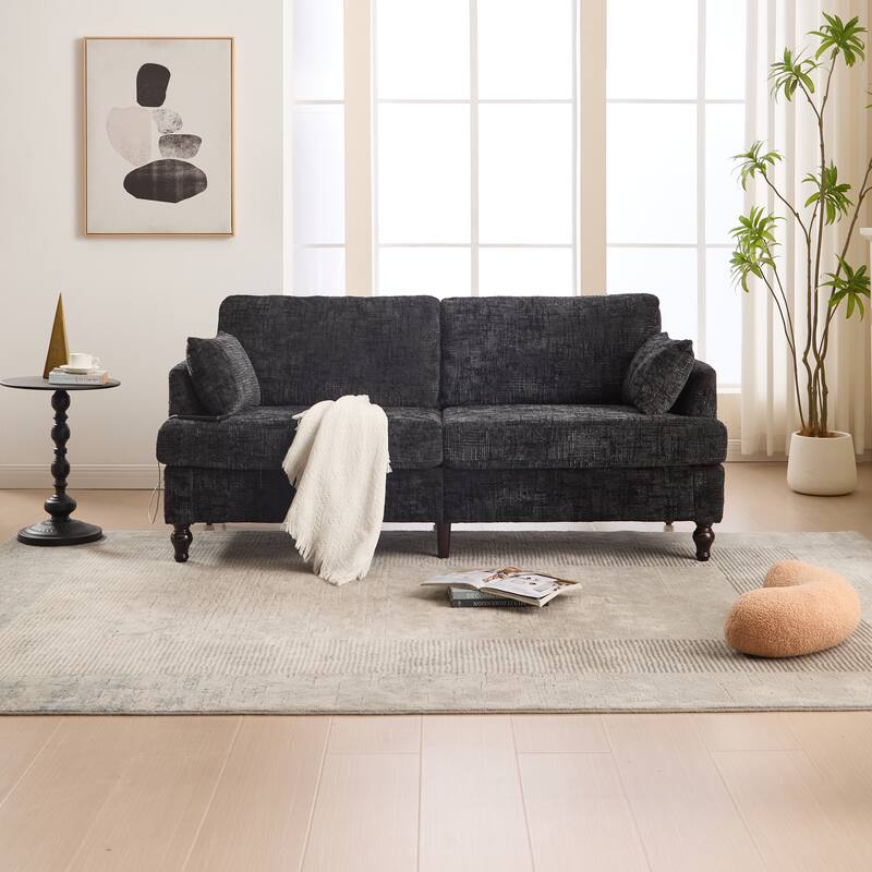 Modern Style Chenille 2-Seater Wood-Legged Sofa With Led Light,USB Charging Port And Storage Bag Living Room Bedroom Study Room