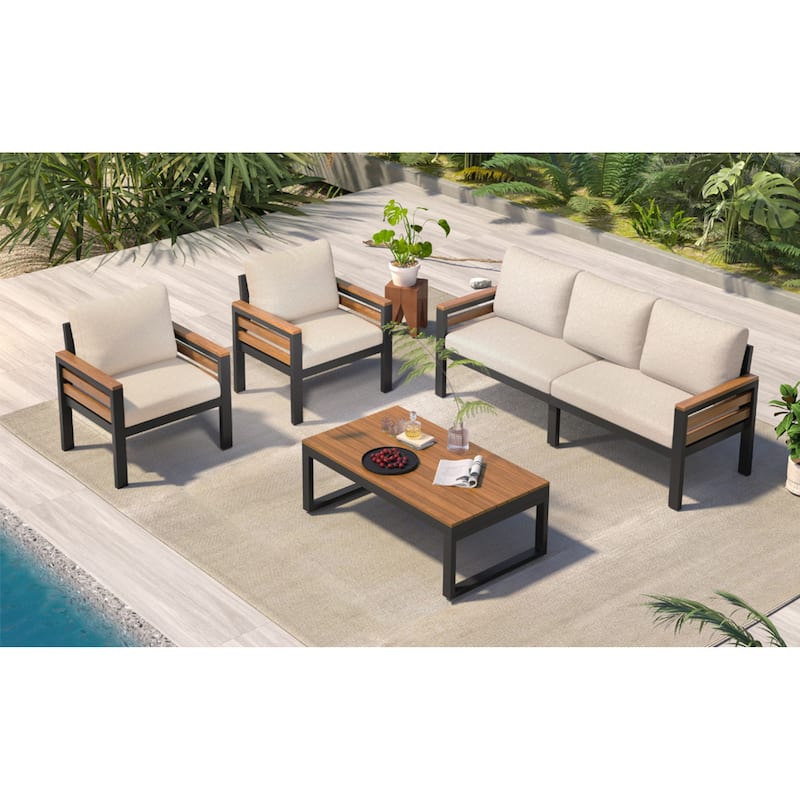Roomfitters 4-Piece Outdoor Patio Furniture Set with 3-Seater Sofa, 2 Armchairs and Coffee Table, Wood Accents