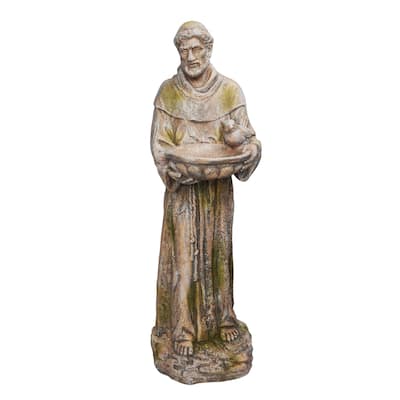 Old World St. Francis Statue w/ Bird Feeder with Mossy Finish