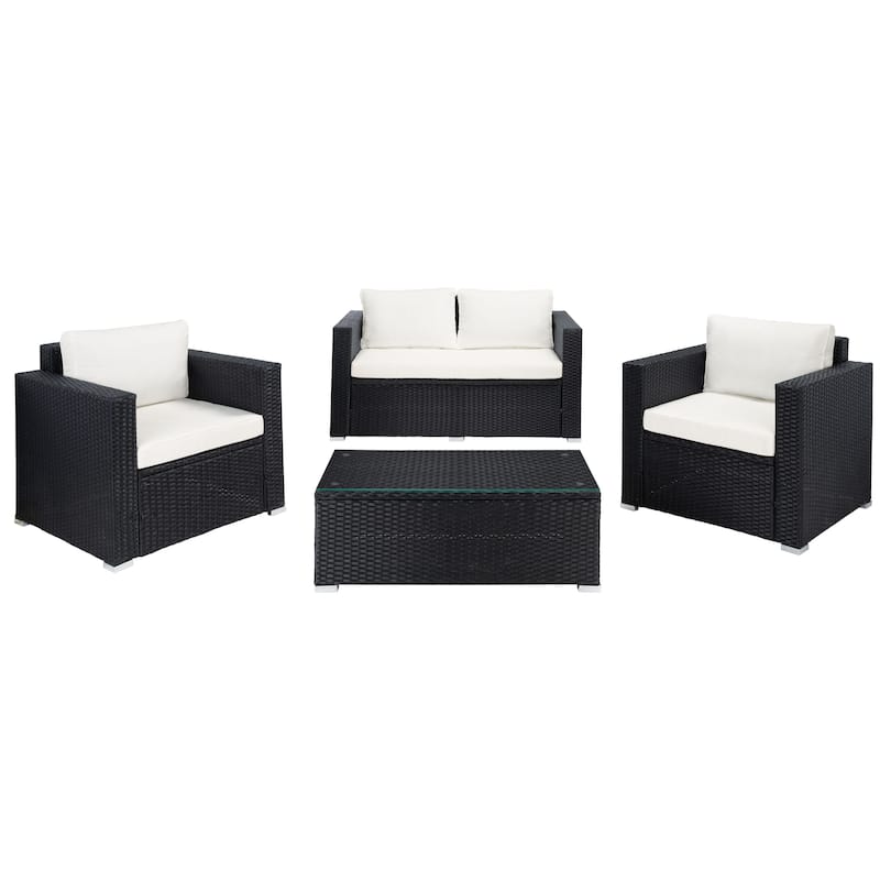 SAFAVIEH Outdoor Patio Furniture Natalee Wicker 4-Piece Conversation Set - 50W x 27D x 28H - Black/Beige