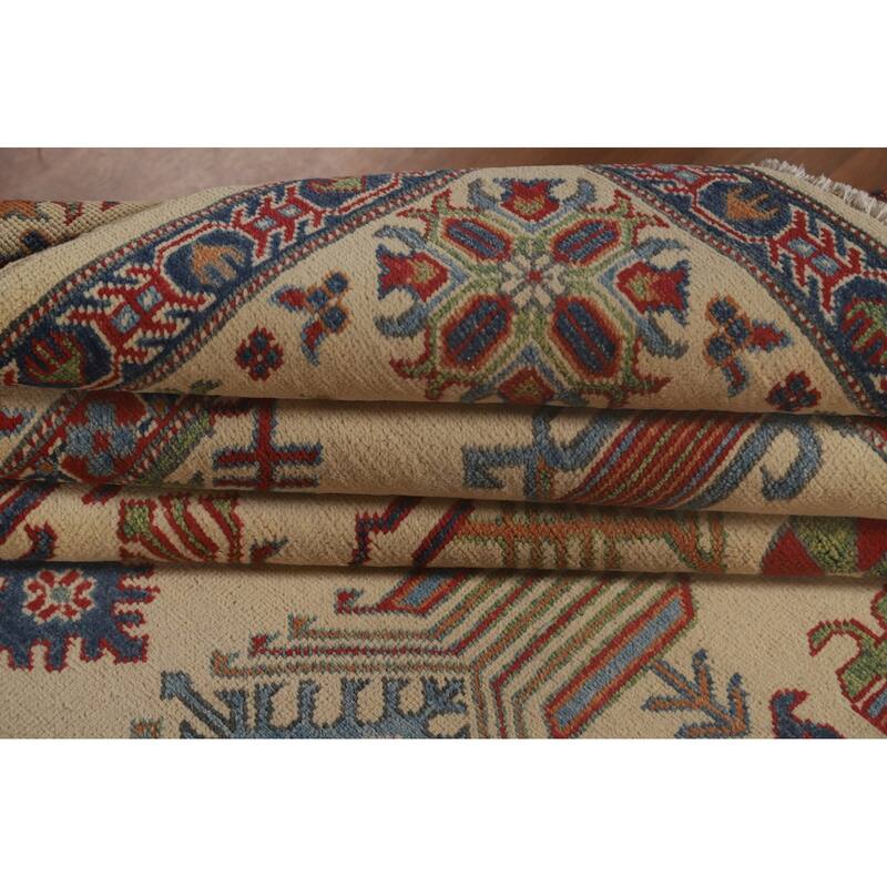 Geometric Beige Kazak Oriental Area Rug Hand-Knotted Wool Carpet - 8'2"x 9'9"