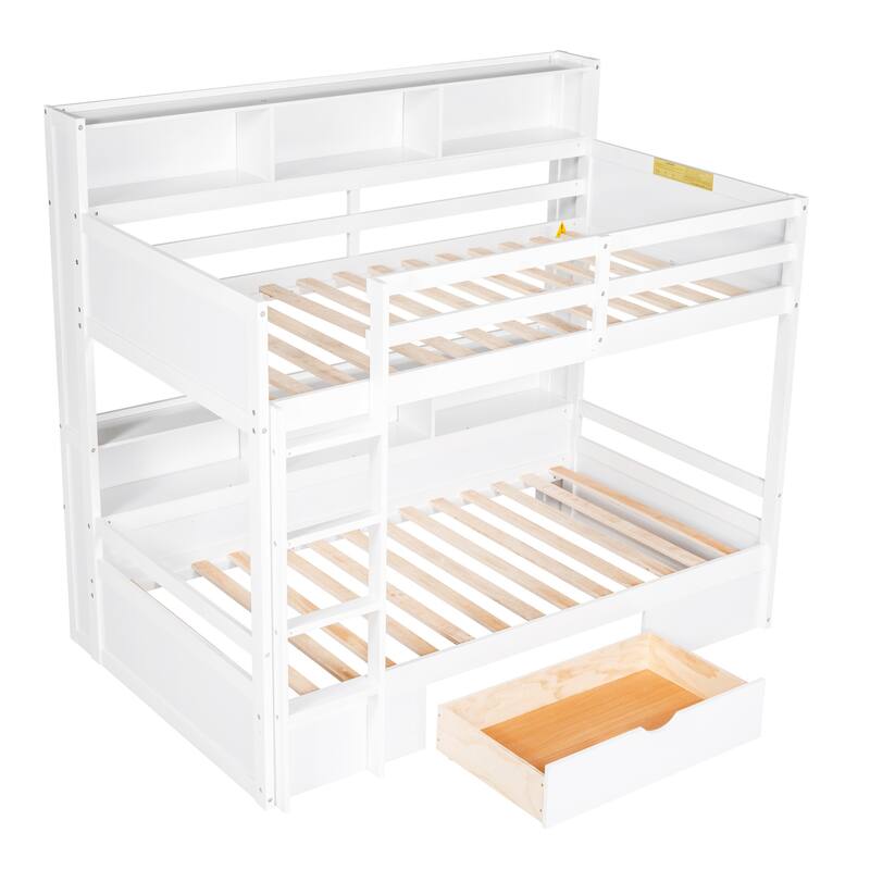 Twin Size Bunk Bed with Built-in Shelves Beside both Upper and Down Bed and Storage Drawer, White
