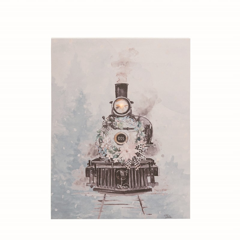 Transpac Wood 15.75 in. Multicolor Christmas Light Up Train Canvas Wall Art