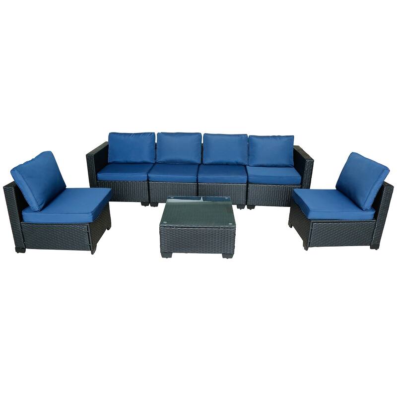 7-Piece Modular Outdoor Rattan Sofa Set, Modern Rattan Sectional with Cushions and Tempered Glass Table