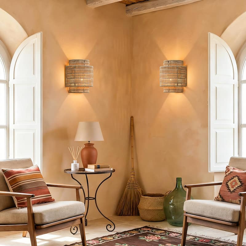 1-Light Bohemian Hand-Woven Rattan Wall Sconce Lighting