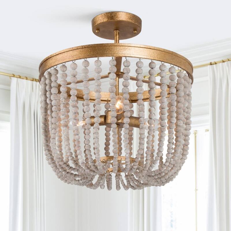 Boho Glam Gold Drum Chandelier 4-light Dimmable Distressed Wood Beaded Semi-flush Mount for Foyer - D 14" * H 15.7"