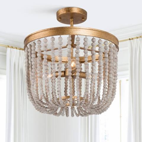 Glam Gold Chandelier Wood Beaded 4-light Semi-flush Mount Ceiling Lights - D 14" * H 15.7"