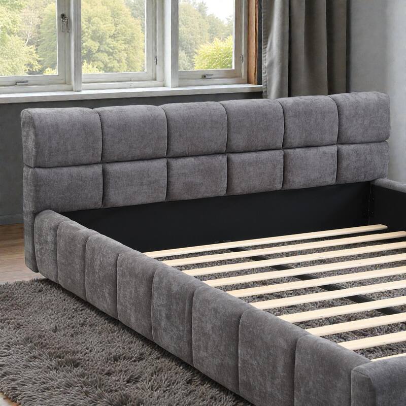 Chenille Upholstered Queen/King Bed with Checkerboard Headboard, Soft Fabric Platform Bed Frame, Modern Elegant Design