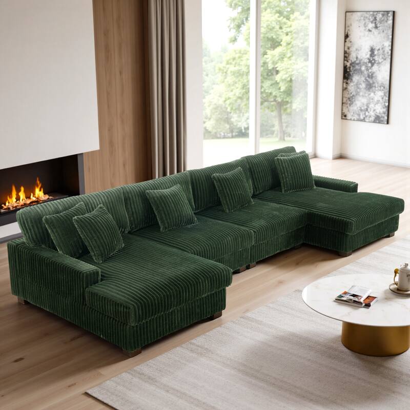 Cotton Flannel 3-Seat Modular Sectional Sofa with Chaise - Green - Symmetrical