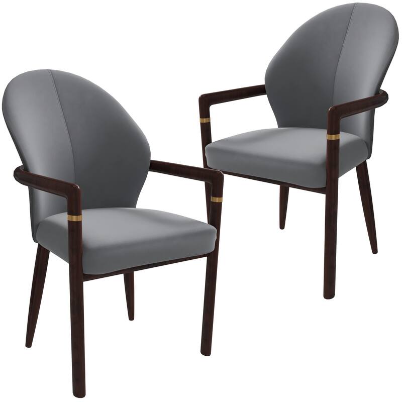 LeisureMod Set of 2 Modern Leather/Velvet Dining Chair - Elegant Armchair with Gold Accents for Home Office & Kitchen - Grey