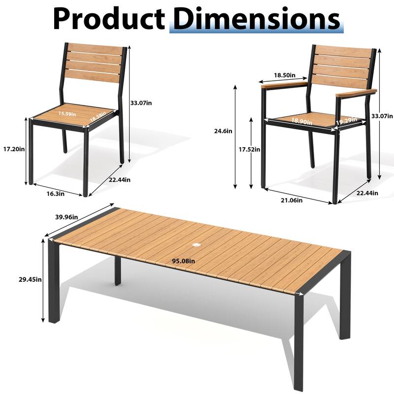 9-Piece Outdoor Patio Dining Set Wood Like Table Top Aluminum Rectangular Umbrella Hole Table with Stackable Dining Chairs