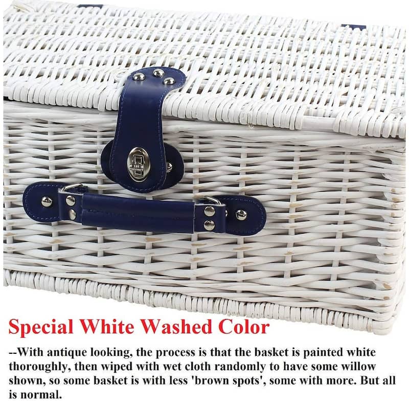 Picnic Basket Willow for 4 Persons, Large Wicker Hamper Set with Big Insulated Cooler Compartment with Waterproof Backing