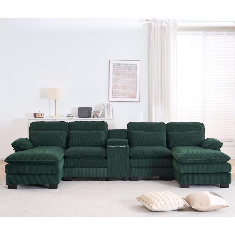 124" Modern Modular Sofa with Double Recliner and USB Port with Center Console - Green