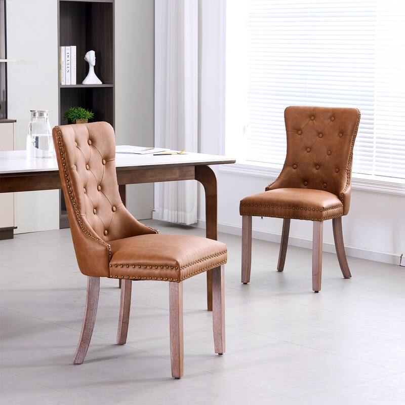 Faux Leather Dining Chairs with Nailhead Trim and Button Tufted Back (Set of 2).