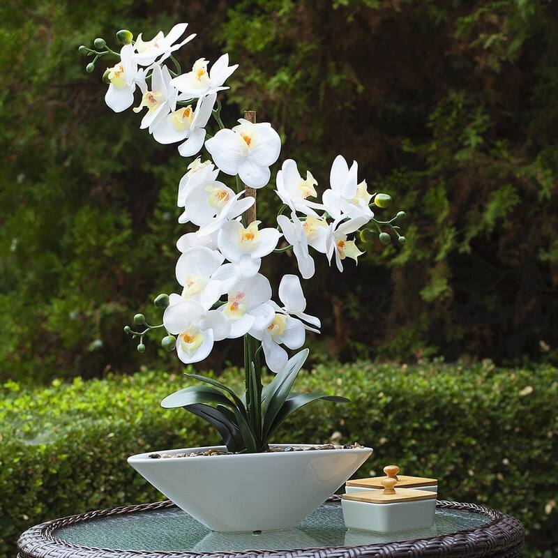 Enova Home Artificial 24" High Quality Real Touch Orchids Fake Silk Flowers in White Ceramic Pot for Home Office Decoration