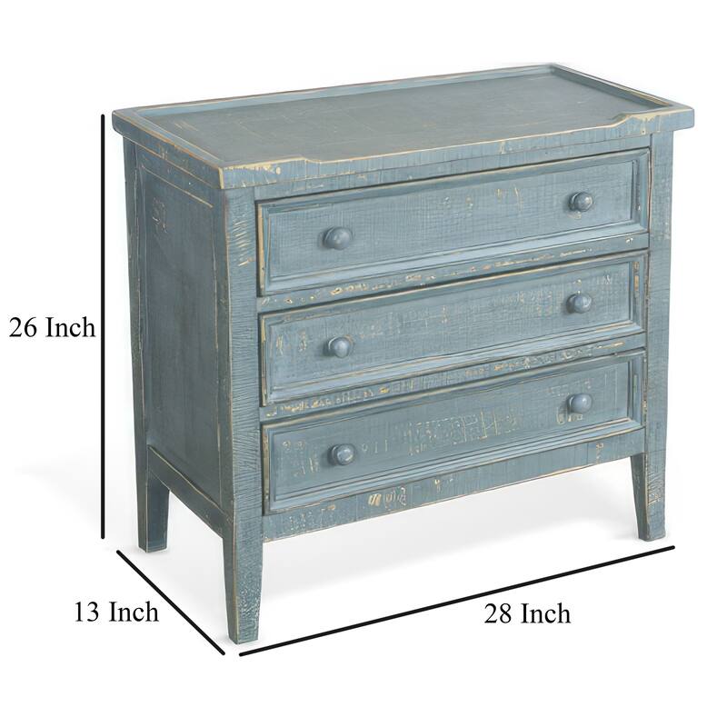 Rena Side End Table with 3 Drawers, 28 Inch Rustic Green Mahogany Wood