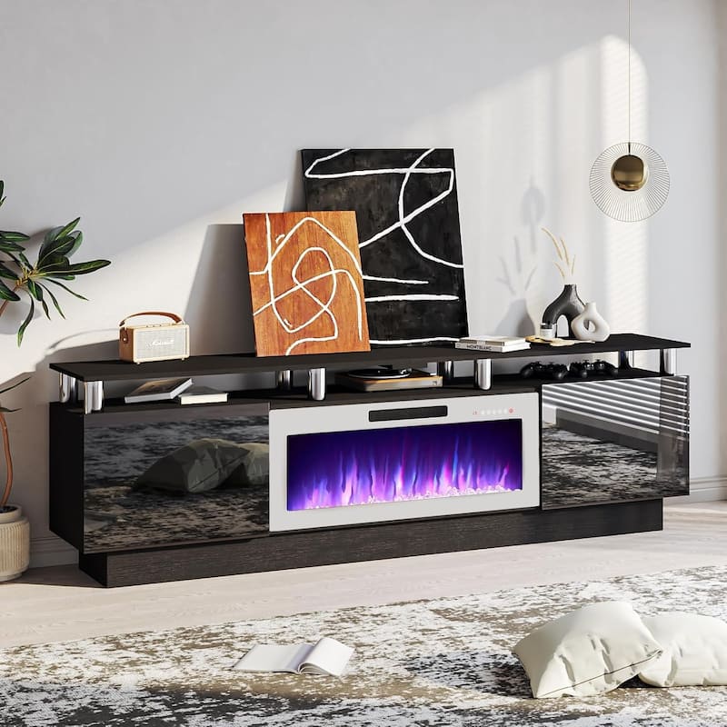 BOSSIN 80" TV Stand Entertainment Center with 36" Electric Fireplace, for TVs up to 90", High Gloss Cabinet with LED Light