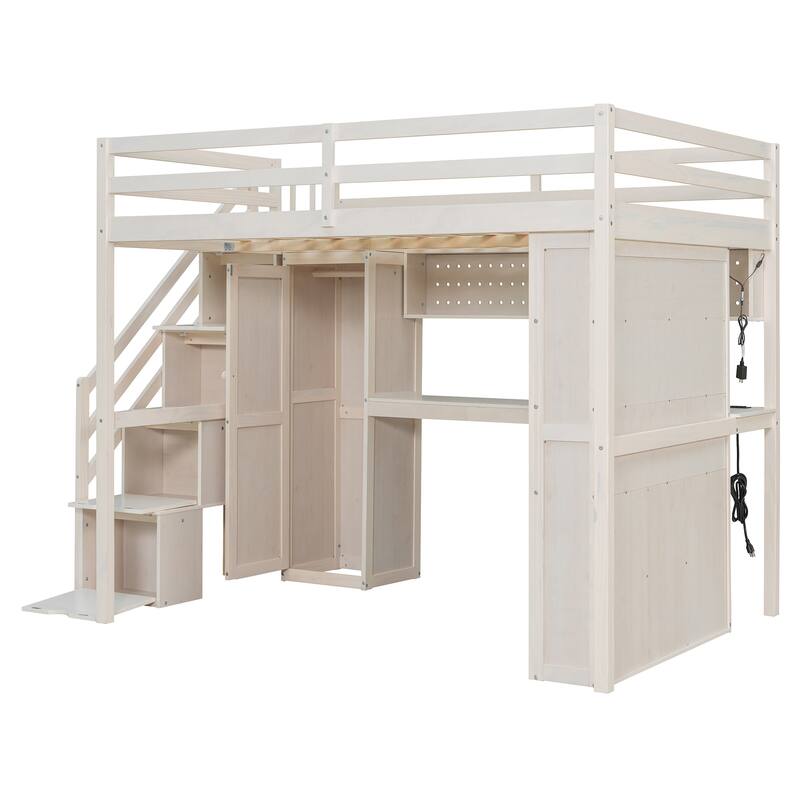 Full Loft Bed with Built-In Wardrobe & Study Desk - Space-Saving Frame with LED Lights & Shelves