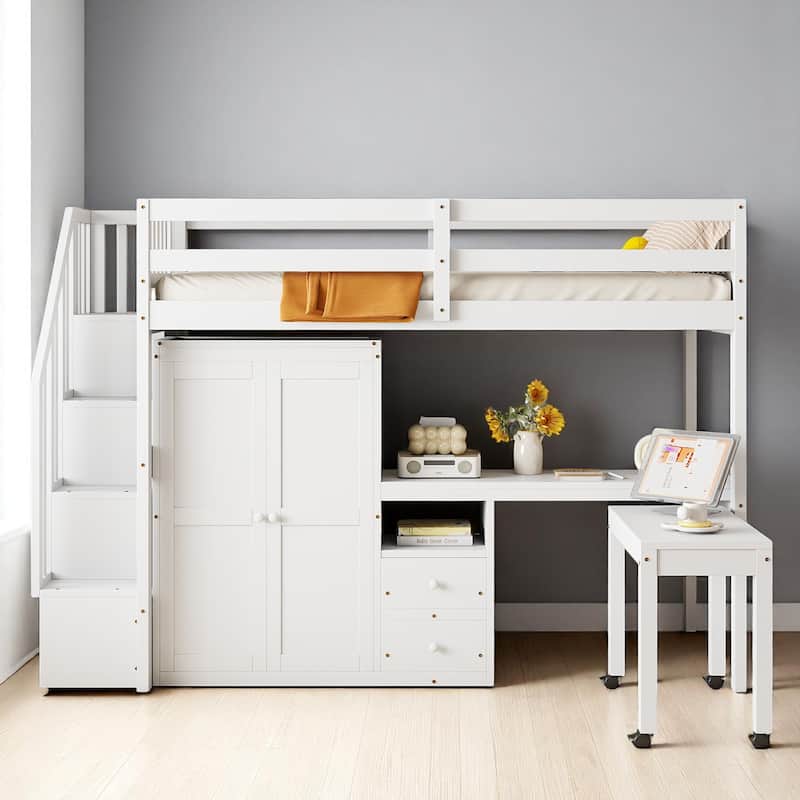 Twin/Full Size Loft Bed with Desk, Wardrobe, Drawers & Stairs, Wood Frame Study Bed with Storage for Kids/Teens - White - Twin