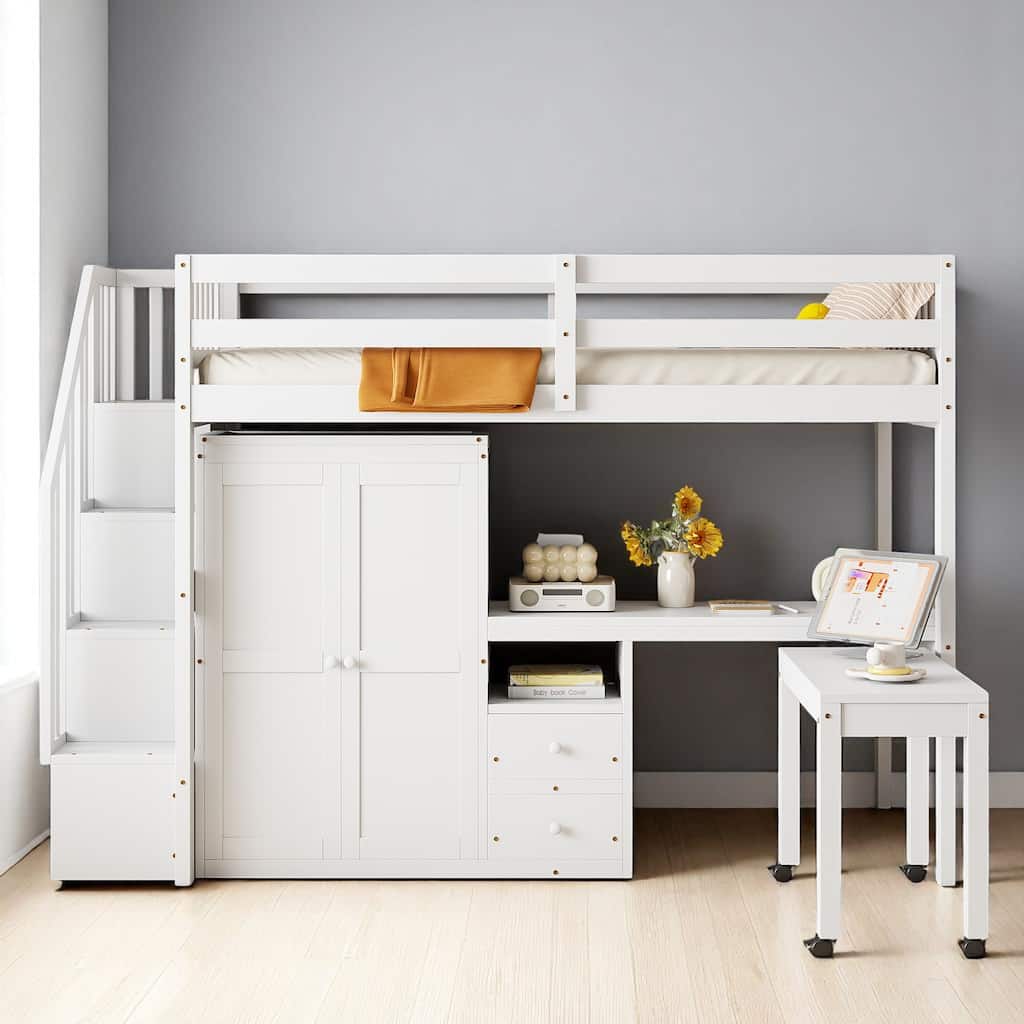 Twin/Full Size Loft Bed with Desk, Wardrobe, Drawers & Stairs, Wood Frame Study Bed with Storage for Kids/Teens