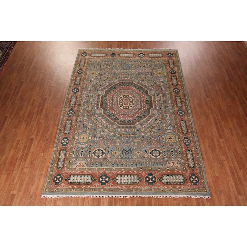 Gray Geometric Khotan Oriental Area Rug Hand-Knotted Wool Carpet - 8'9" x 12'3"