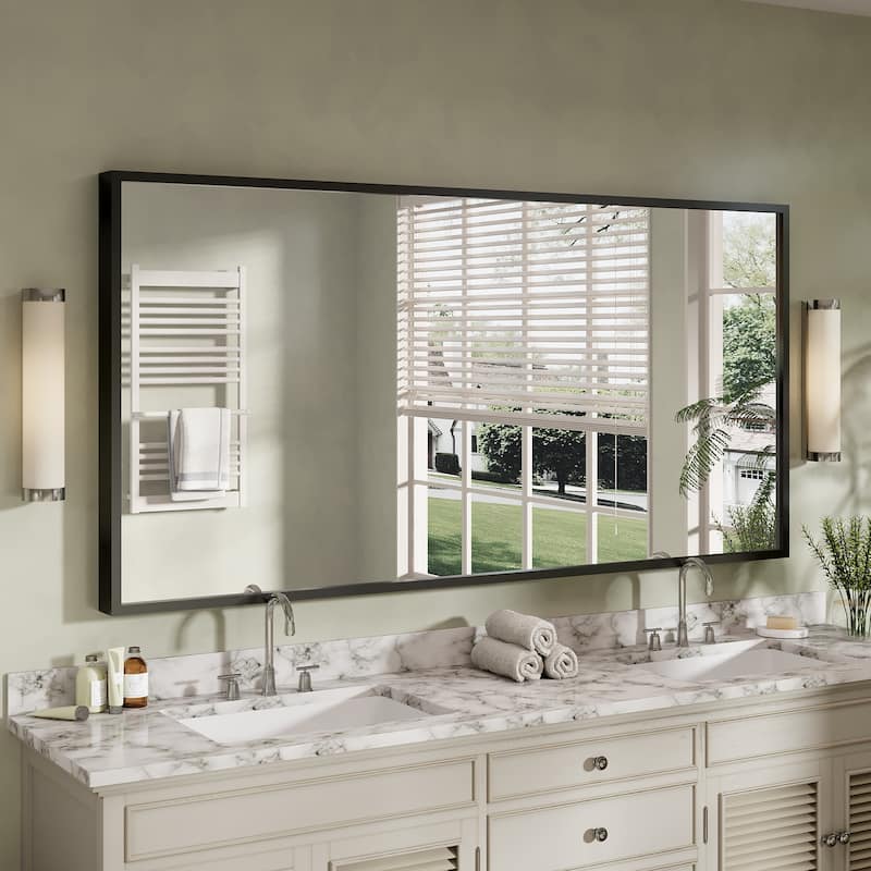 Tempered Glass and Metal Framed French Cleat Mounted Wall Bathroom / Vanity Mirror - 72" x 36" - Black