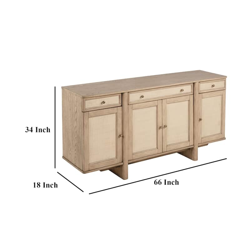 Lno Sideboard Buffet Cabinet, 4 Cane Woven Doors, Beige Wood 66 Inch