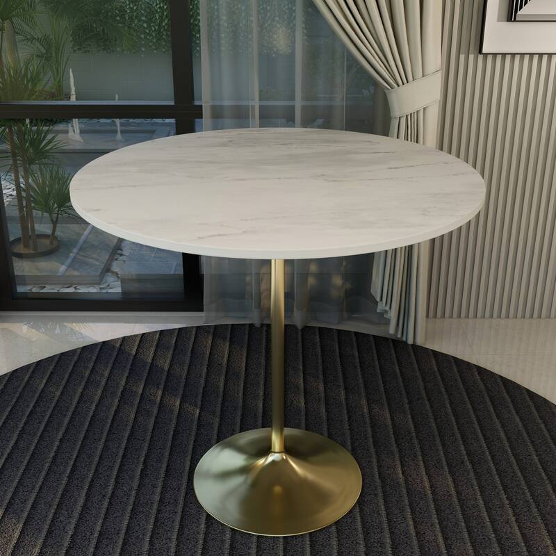 LeisureMod Verve Round Bar Dining Table with White Resin TableTop and Gold Steel Base for Kitchen & Dining Room