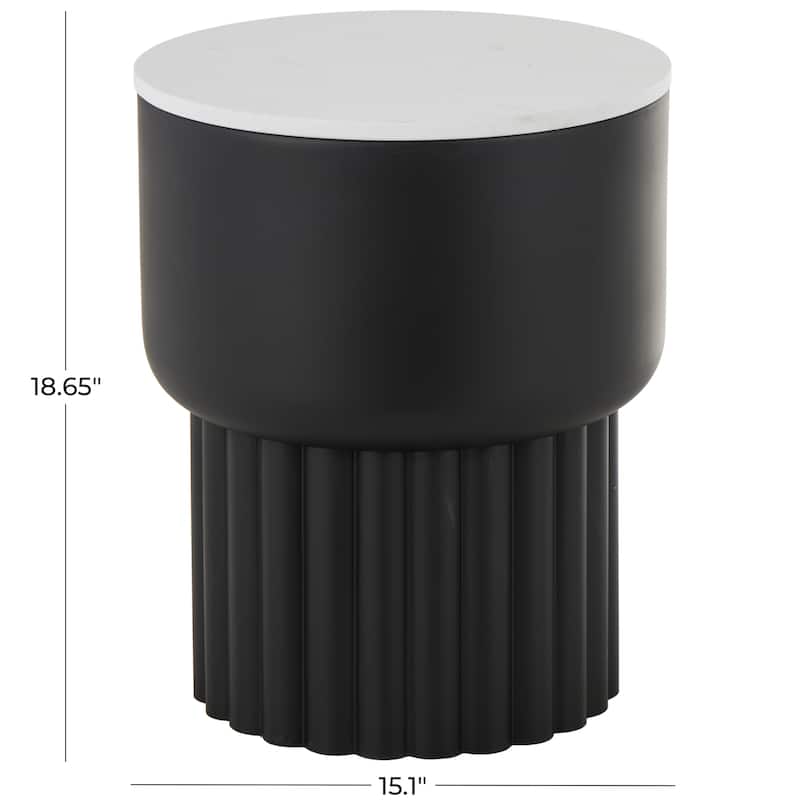 Metal Ribbed Accent Table with White Marble Tabletop - Black - Roche River Decor - 15"W x 15"L x 19"H