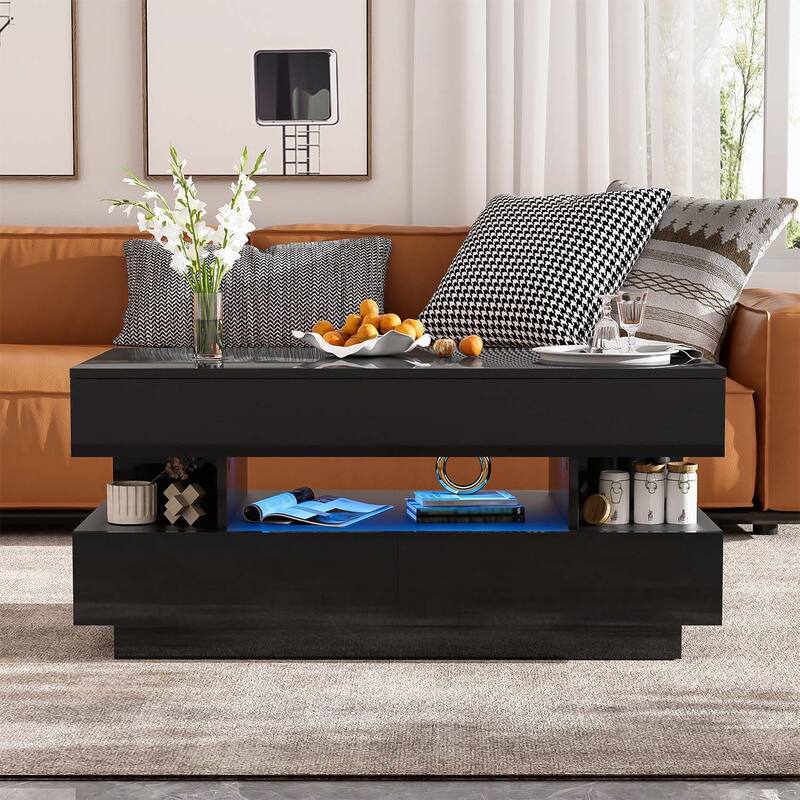Multi-Functional Lift-Top Coffee Table with 2 Drawers,with High-Gloss Finish for Living Room - Black