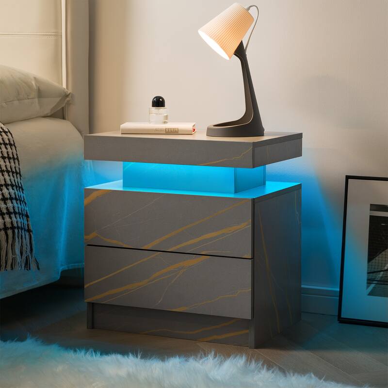 Anmytek Modern LED Nightstand,Bedside Table Cabinet Lights with 2 Drawers