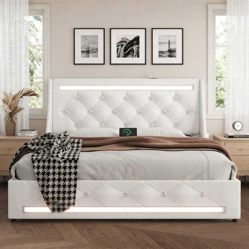 Full Bed Frame with LED Lights, Upholstered Bed Frame with Charging Station, Platform Bed with Diamond Headboard, Wooden Slats - White