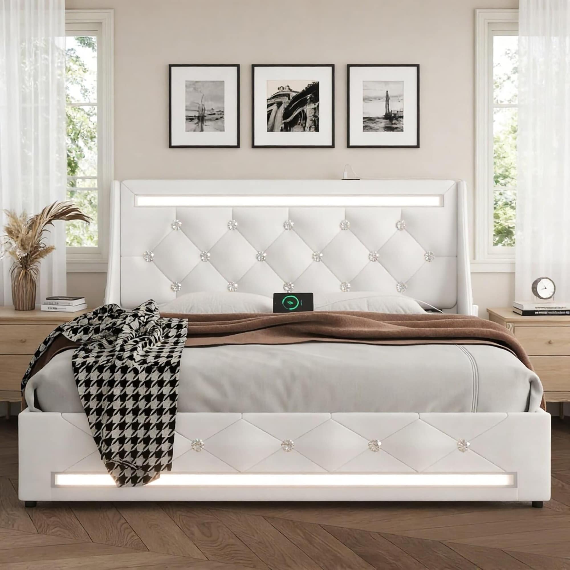 Upholstered Platform Bed Frame with Diamond Tufted Headboard, LED Lights & Charging Station