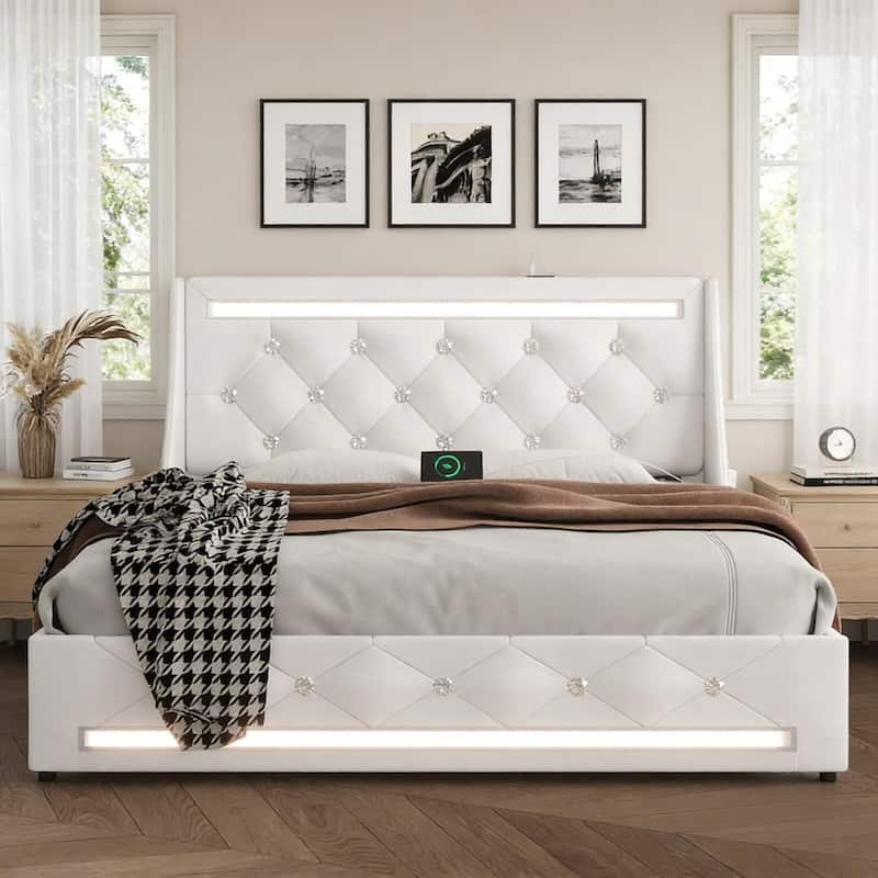 Upholstered Platform Bed Frame with Diamond Tufted Headboard, LED Lights & Charging Station - White - Full