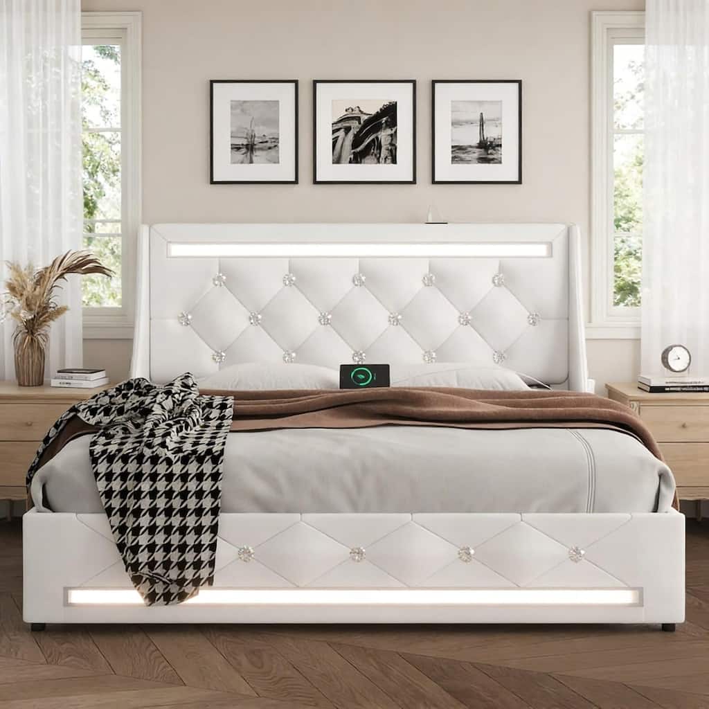 Upholstered Platform Bed Frame with Diamond Tufted Headboard, LED Lights & Charging Station