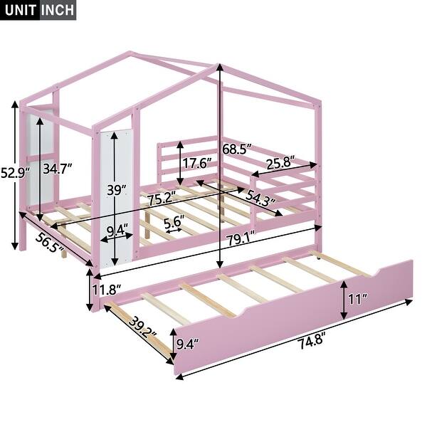 dimension image slide 0 of 3, Full Size Solid Wood House Bed with Trundle, Fence and Writing Board for Kids, Boys and Girls, Bedroom