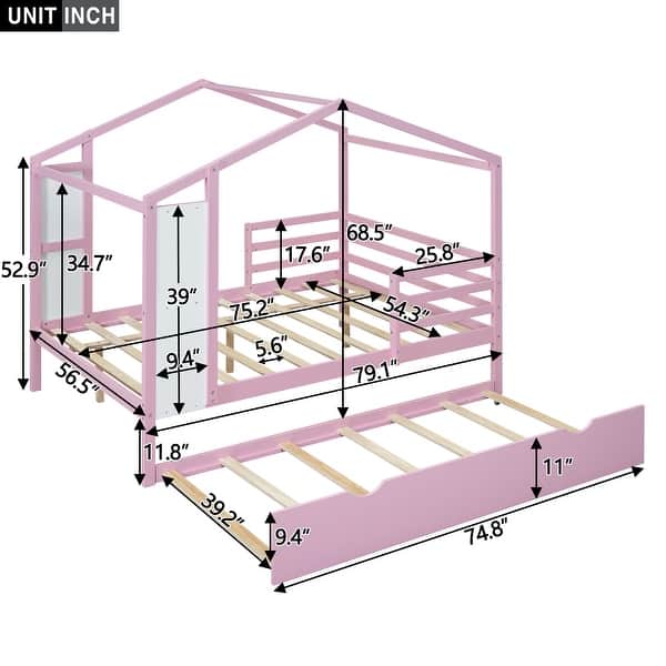 dimension image slide 2 of 3, Full Size Wood House Bed with Roof & Fence, Multifunction Daybed Frame w/ Writing Board & Trundle for Kids Teens Girls/Boys