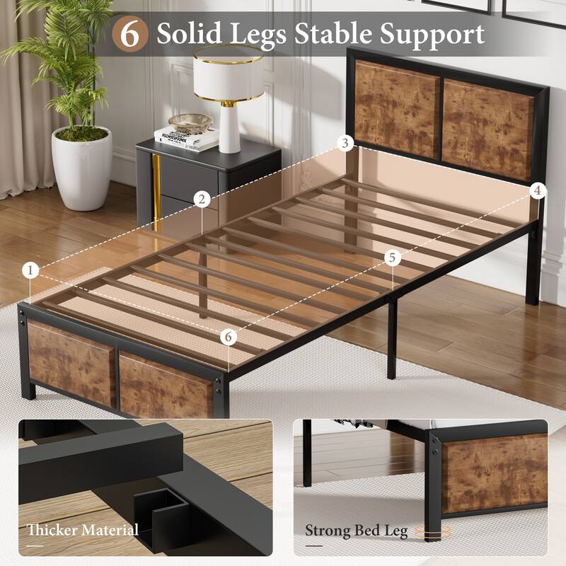 VECELO Platform Bed Frame with Wooden Headboard Heavy Duty Steel Slats Support No Box Spring Needed