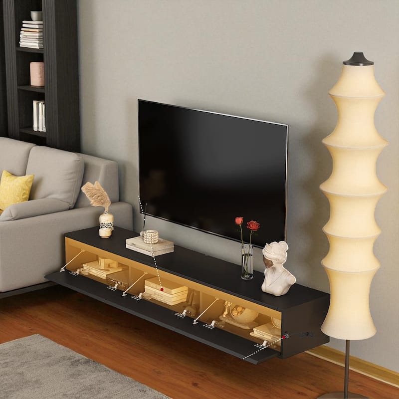 Floating TV Stand with LED Lights & Power Outlet, 65" Wall Mounted High Gloss Media Console with Storage Shelves