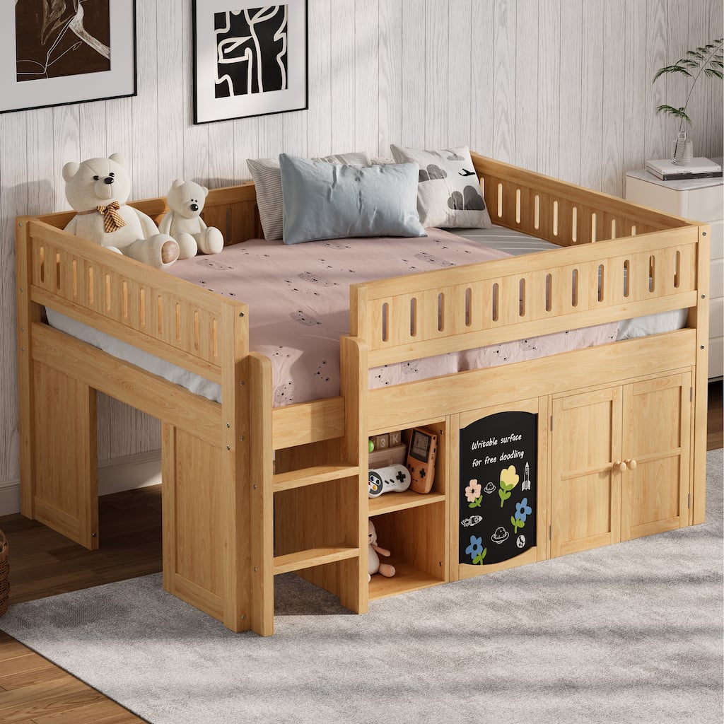 Wooden Full Size Loft Bed with Double-Door Storage Cabinet, Open Shelves and Chalkboard Panel